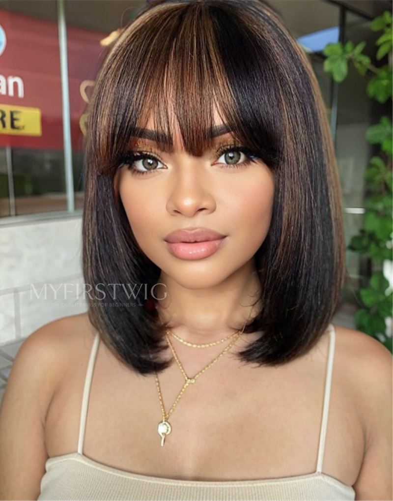 12 Inch Brown Bangs Bob Wig HD Lace Wear & Go Glueless  display picture 2