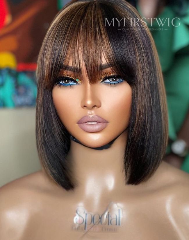 Highlight Brown Bob Wig With Bangs 160% Density Invisible  display picture 3