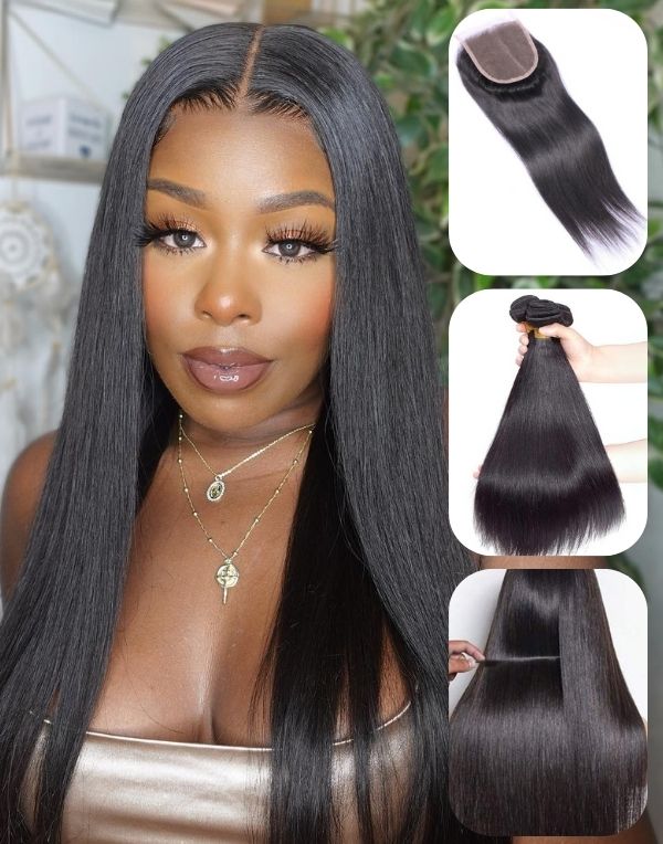 Bundles with Closure Deal - Straight Human Hair 3 Bundles  display picture 3