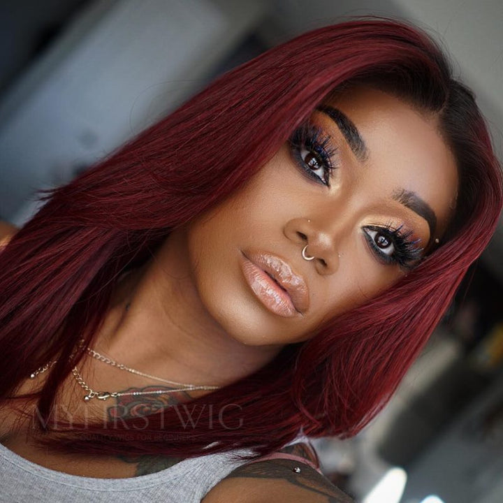 13x6 Burgundy Straight Wig With Layers 14-20 Inch Glueless Lace Front Wig - NCS019