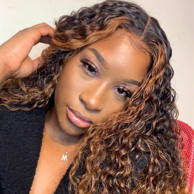 13x6 Deep Wave Curly Wig Highlight Brown Glueless Lace Front Wig - NCC006