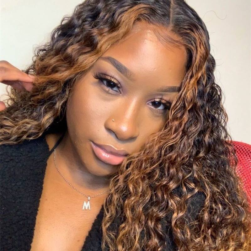 13x6 Deep Wave Curly Wig Highlight Brown Glueless Lace Front Wig - NCC006