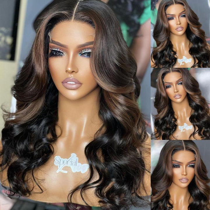 13x6 Highlight Brown Wavy 14-20 Inch Undetectable Glueless Lace Front Wig - NCW006