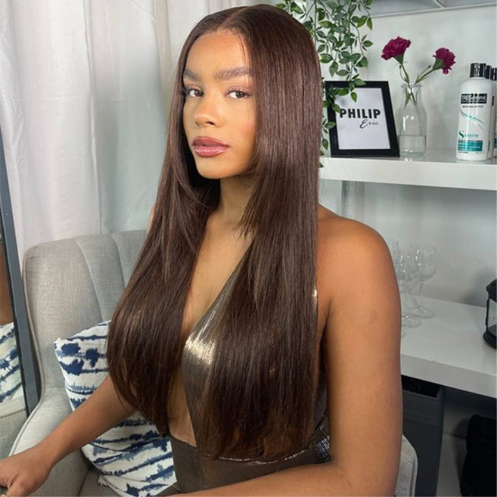 13x6 Layered Cut Caramel Brown Straight Undetectable Glueless Lace Front Wig - NCT003