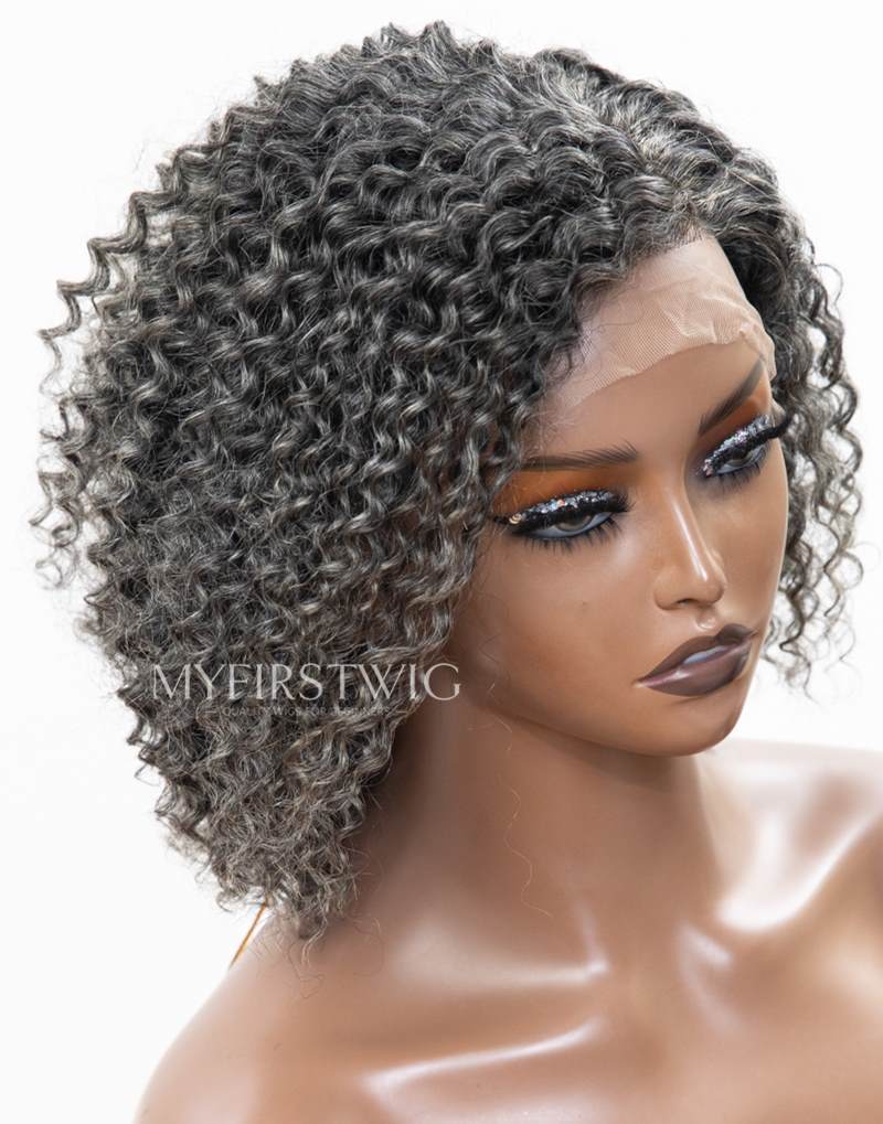 10" Salt & Pepper Grey Curly Bob Glueless 4x4" Closure Wig  - FL4462