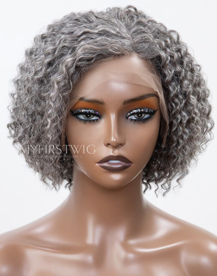 10" Salt & Pepper Grey Curly Bob Glueless 4x4" Closure Wig  - FL4463