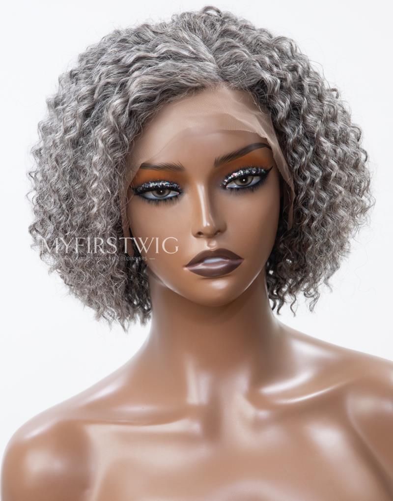 10" Salt & Pepper Grey Curly Bob Glueless 4x4" Closure Wig  - FL4463