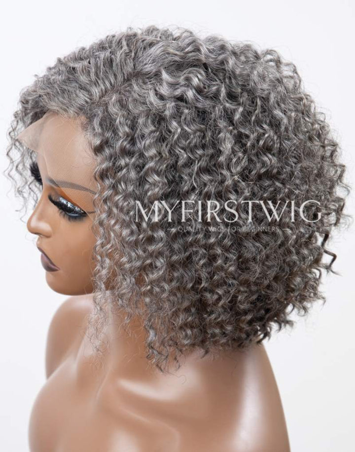 10" Salt & Pepper Grey Curly Bob Glueless 4x4" Closure Wig  - FL4463