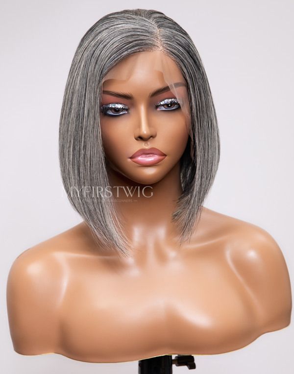 12 Inch Salt & Pepper Grey Bob Wig HD Lace Wear & Go Glueless Closure Wig - CLB041