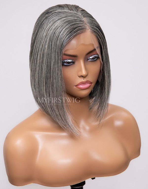 12 Inch Salt & Pepper Grey Bob Wig HD Lace Wear & Go Glueless Closure Wig - CLB041