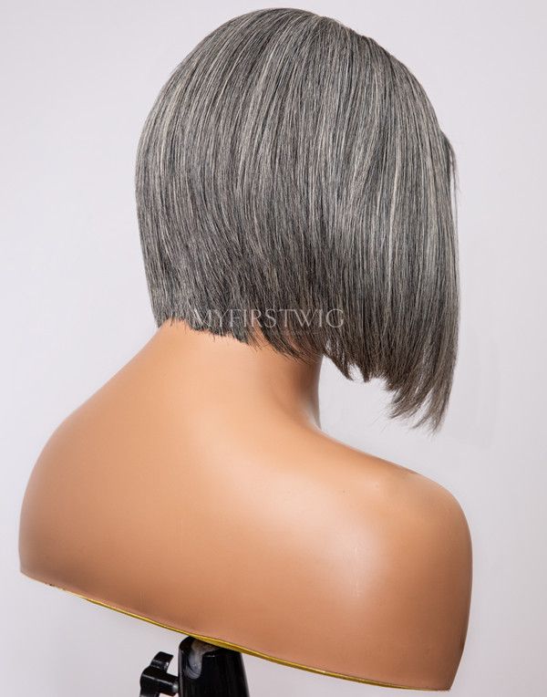 12 Inch Salt & Pepper Grey Bob Wig HD Lace Wear & Go Glueless Closure Wig - CLB041