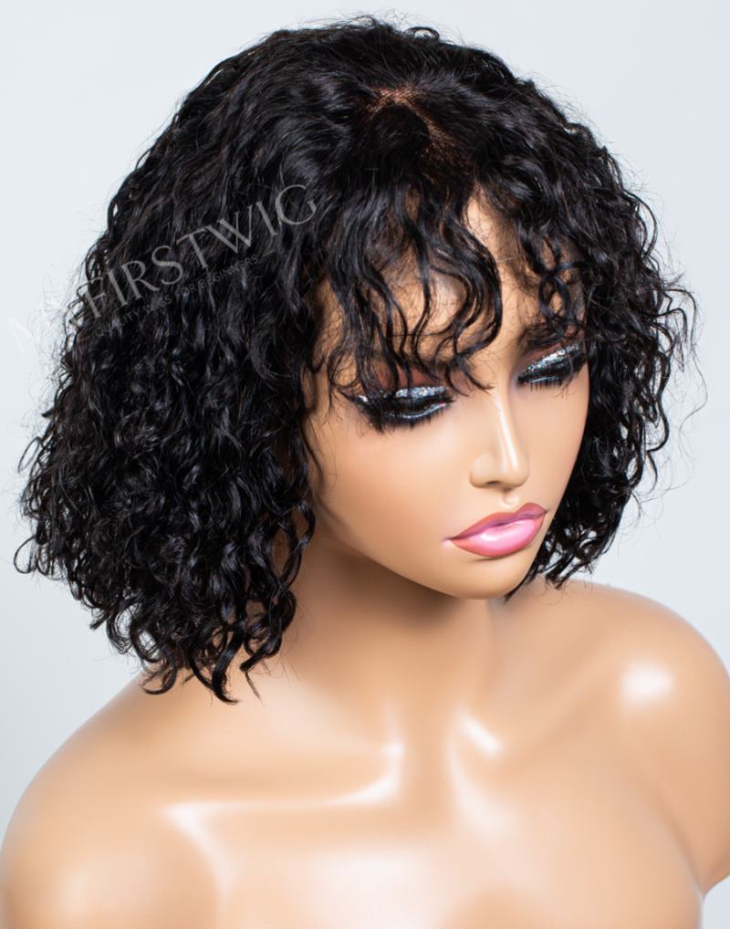 12" Deep Wave Curly Bob With Bangs Invisible 160% Density Glueless 4x4" Closure Wig  - FL4461