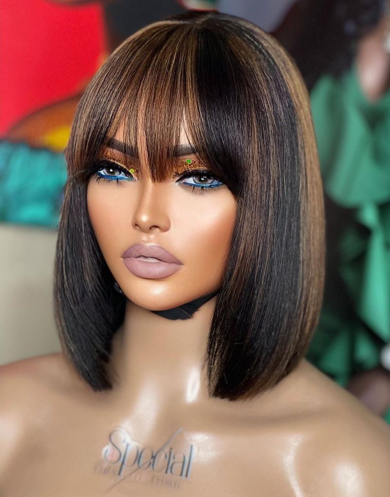 12 Inch Brown Bangs Bob Wig HD Lace Wear & Go Glueless Closure Wig - CLB037