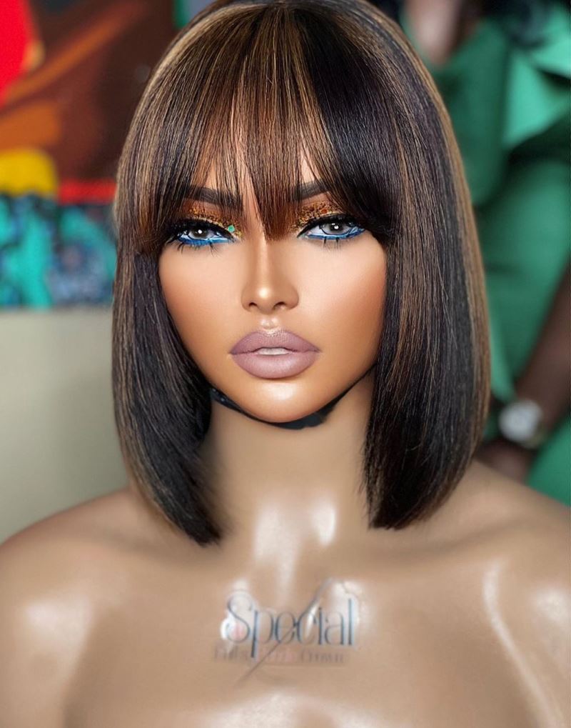 12 Inch Brown Bangs Bob Wig HD Lace Wear & Go Glueless Closure Wig - CLB037