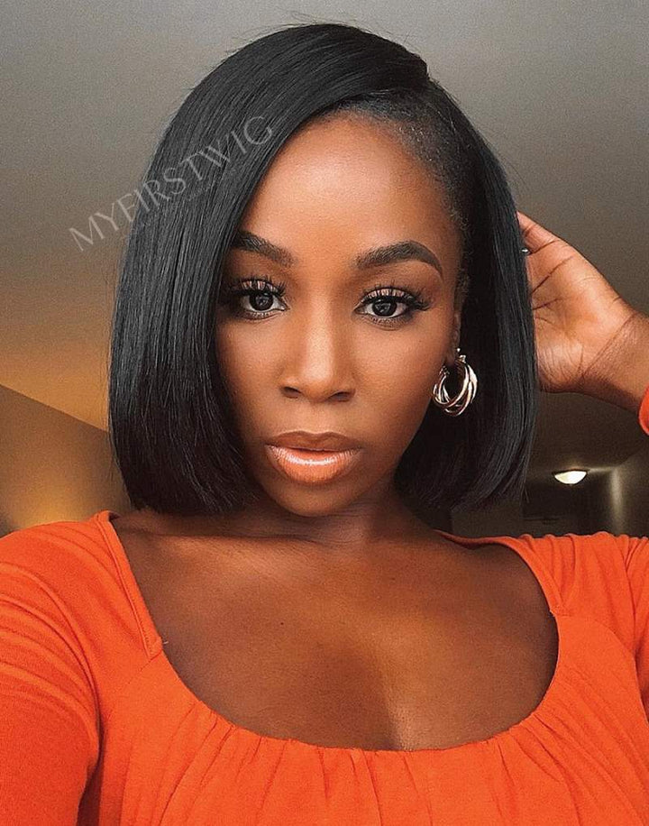 12" Side Part Yaki Bob Invisible 160% Density Glueless 4x4" Closure Wig  - FL44J01