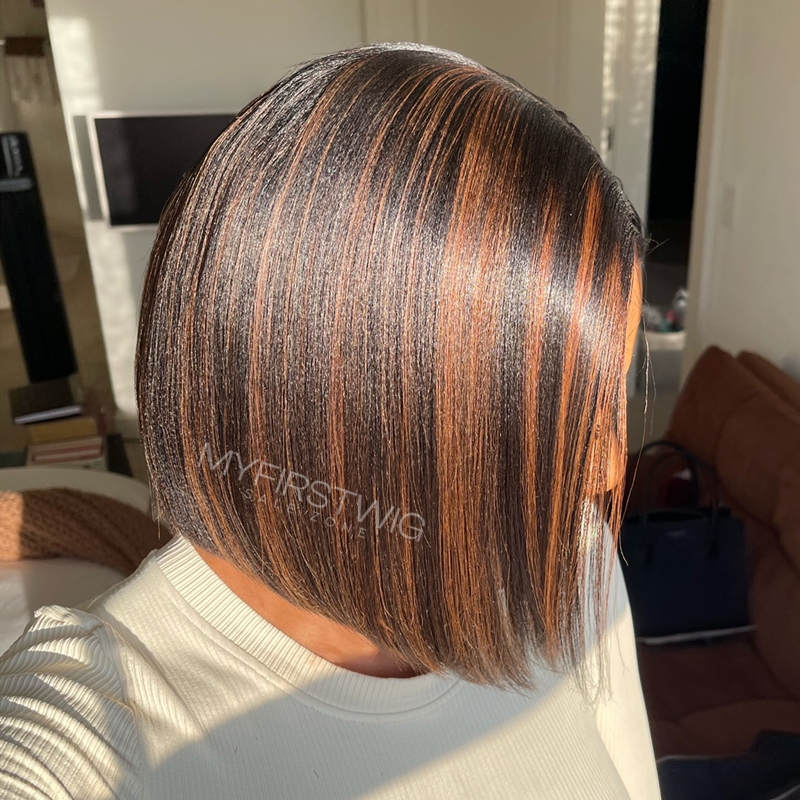 13x6 Brown Highlight Yaki Bob Wig Undetectable Glueless Lace Front Wig - NCB023