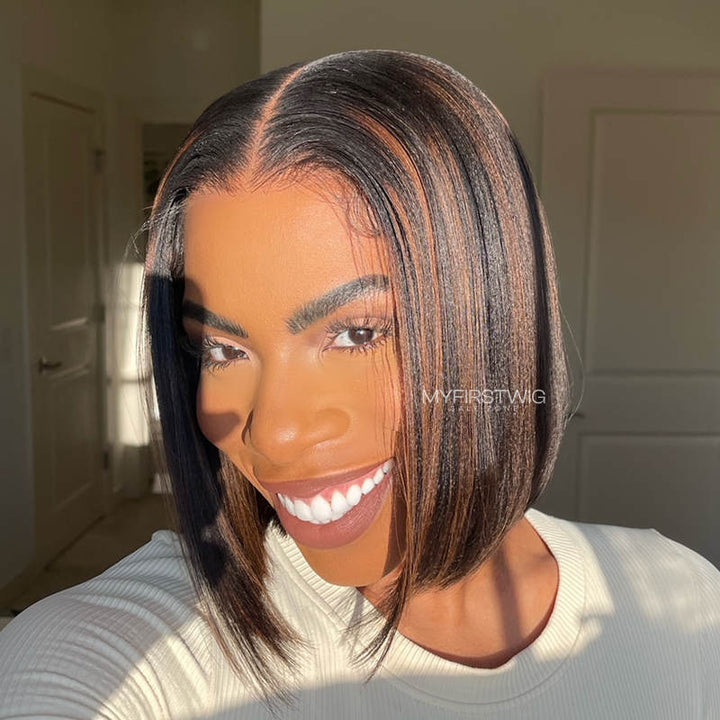 13x6 Brown Highlight Yaki Bob Wig Undetectable Glueless Lace Front Wig - NCB023