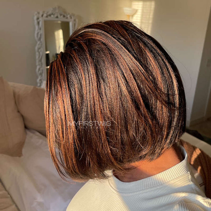13x6 Brown Highlight Yaki Bob Wig Undetectable Glueless Lace Front Wig - NCB023