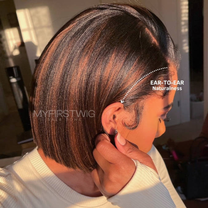 13x6 Brown Highlight Yaki Bob Wig Undetectable Glueless Lace Front Wig - NCB023