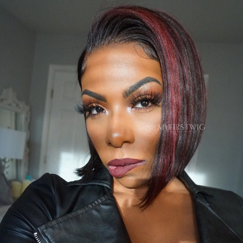 13x6 Burgunderrote Highlights Kurzes Haar Bob Lace Front Perücke - NCB014