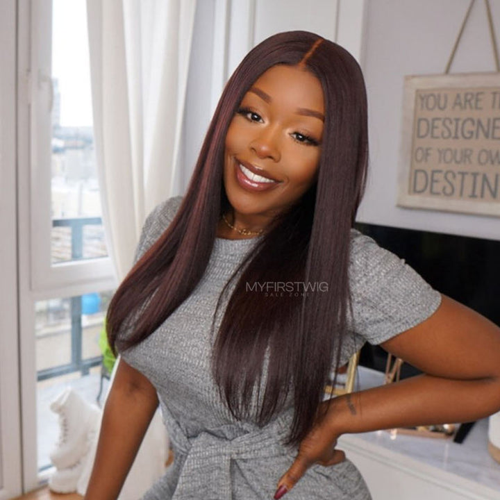 13x6 Mittelteil Burgunderrot Glatt Unsichtbare, kleberlose Lace Front Perücke - NCT006