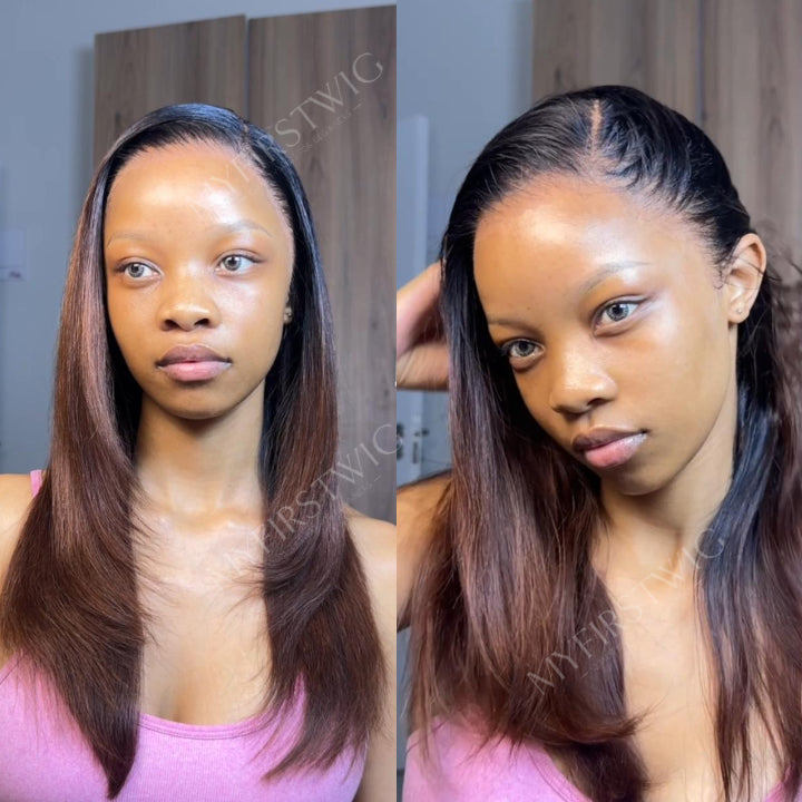 13x6 Layered Cut Ombre Brown Straight Undetectable Glueless Lace Front Wig - NCT011
