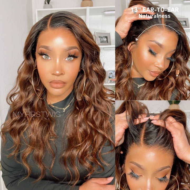 13x6 Elegante weiche gewellte Perücke mit Highlights in Braun, nicht erkennbar, kleberfrei, Lace-Front-Perücke – NCW002