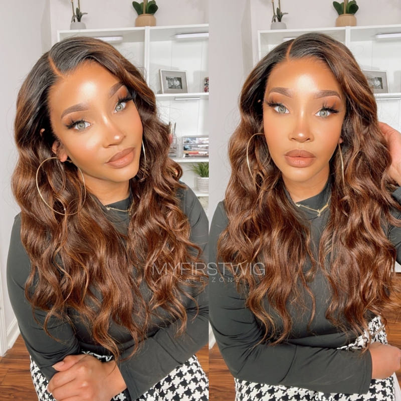 13x6 Elegante weiche gewellte Perücke mit Highlights in Braun, nicht erkennbar, kleberfrei, Lace-Front-Perücke – NCW002
