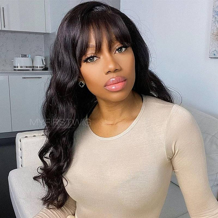 13x6 Curtain Bangs gewellte 14-20 Zoll unsichtbare, kleberlose Lace-Front-Perücke – NCW003