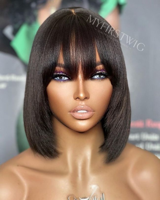 13x6 Yaki Layers Bob Wig with Bangs Glueless Lace Front Wig - NCB022