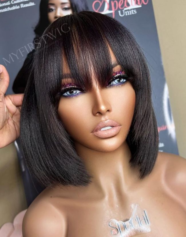 13x6 Yaki Layers Bob Wig with Bangs Glueless Lace Front Wig - NCB022