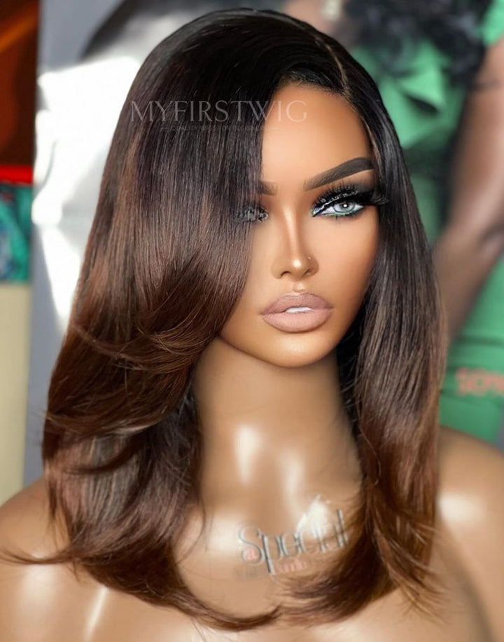 14-16 Inch Ombre Brown Long Layers Bob HD Lace Wear & Go Glueless Wig - CLB019
