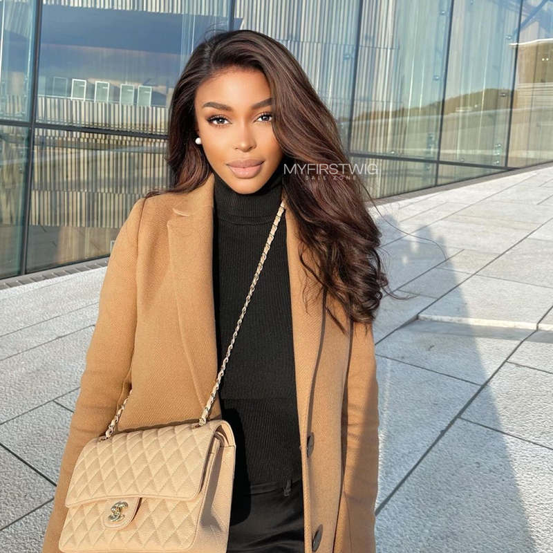 Volle Spitze Perücke Highlight Braun Wellig Kleberfreie Echthaar Perücke -LM015 