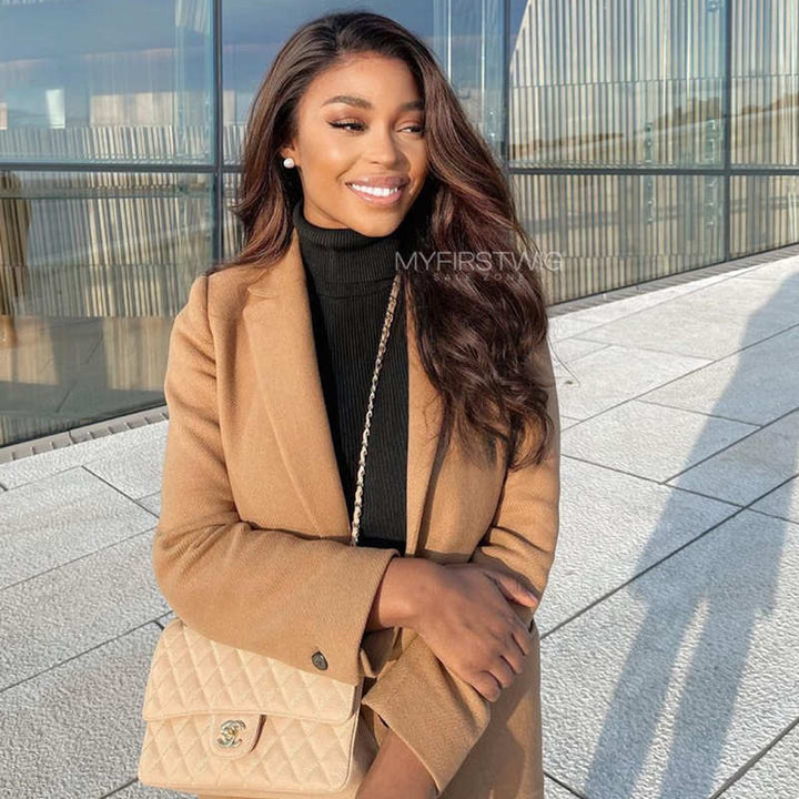 Volle Spitze Perücke Highlight Braun Wellig Kleberfreie Echthaar Perücke -LM015 