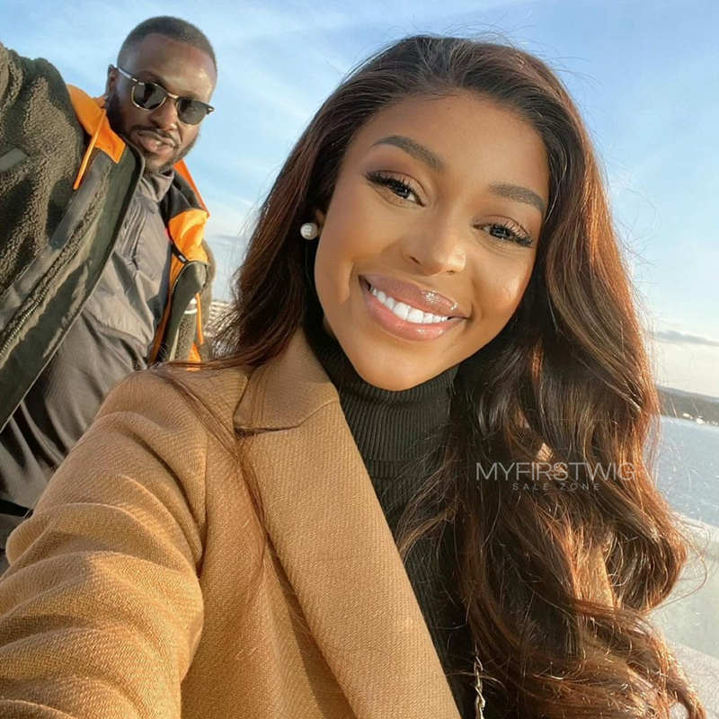 Volle Spitze Perücke Highlight Braun Wellig Kleberfreie Echthaar Perücke -LM015 