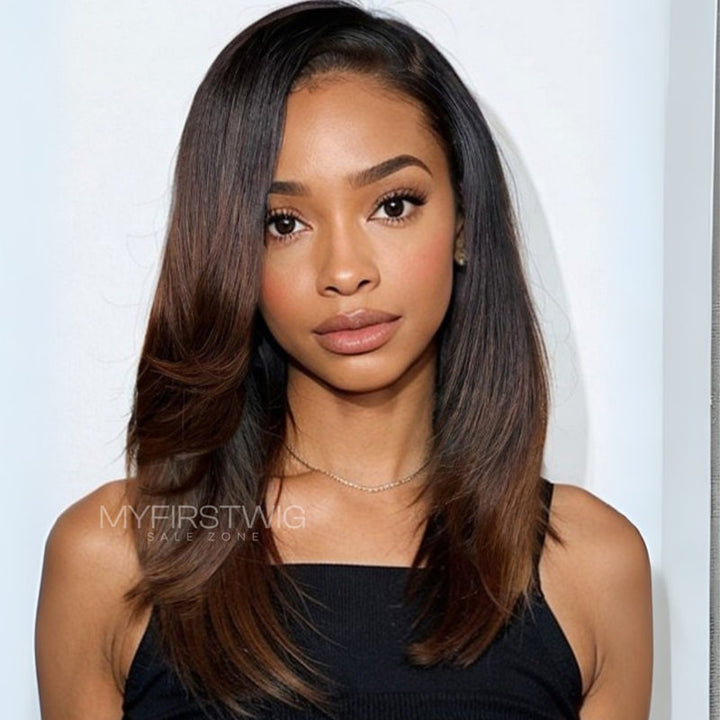 14-22 Inch Full Lace Wig  Ombre Brown Layered Straight Human Hair Wig - SLM024