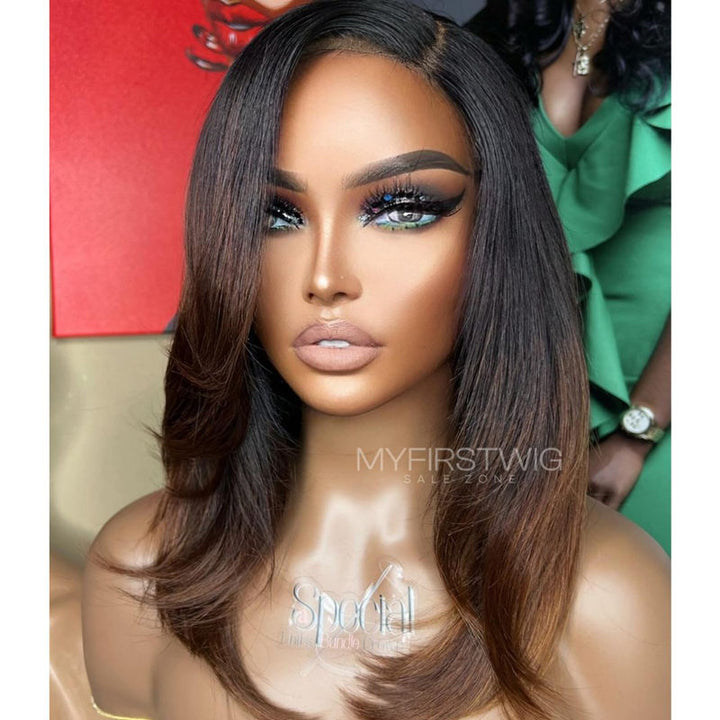 14-22 Inch Full Lace Wig  Ombre Brown Layered Straight Human Hair Wig - SLM024