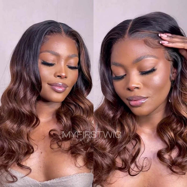 Volle Spitze Perücke Highlight Braun Wellig Kleberfreie Echthaar Perücke -LM015 