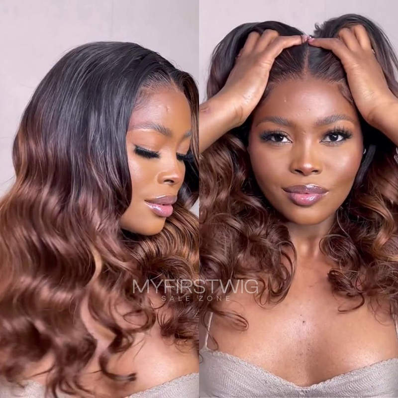 Volle Spitze Perücke Highlight Braun Wellig Kleberfreie Echthaar Perücke -LM015 