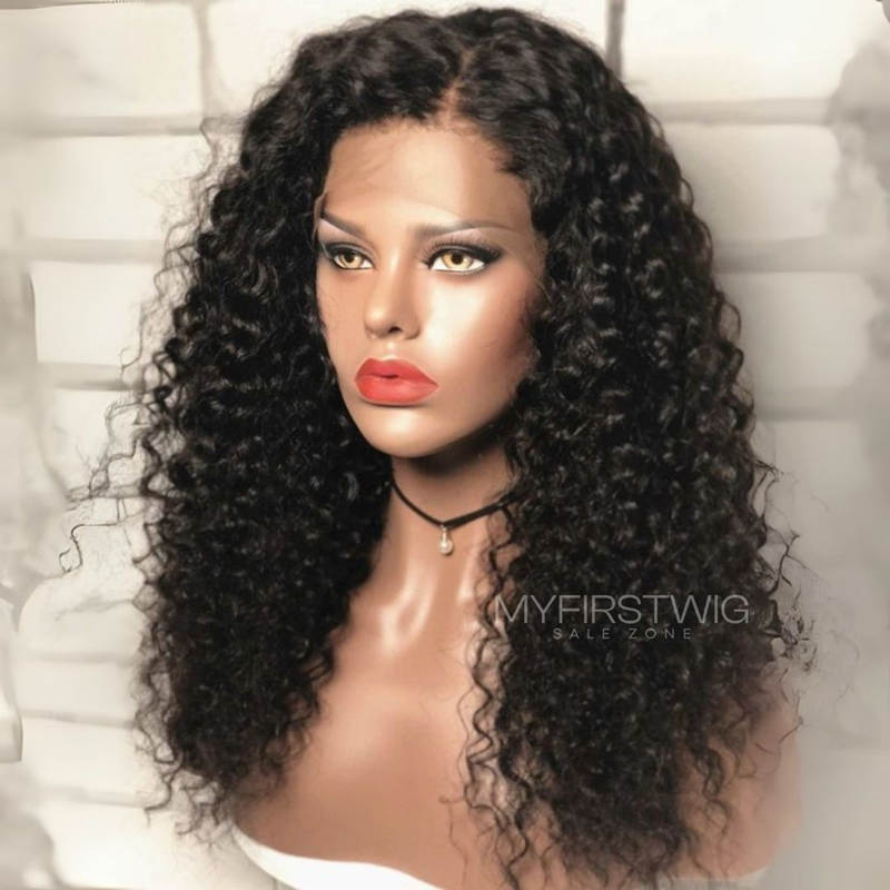 Volle Spitzeperücke mit Vorhang-Pony, lang, gewellt, ohne Kleber, Echthaarperücke – LM004