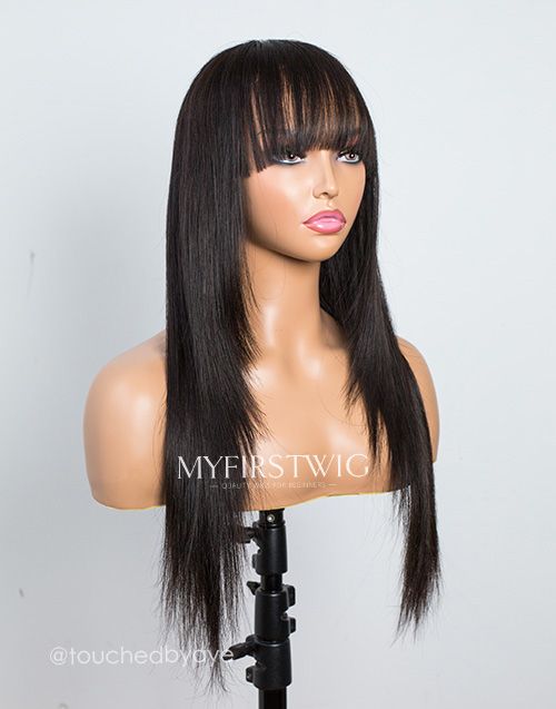 5x5 Closure Wig Straight Wig Bangs with Layers Glueless Human Hair 18-24 Inch -CWLFS009
