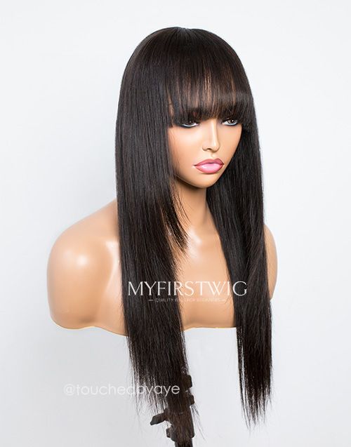 5x5 Closure Wig Straight Wig Bangs with Layers Glueless Human Hair 18-24 Inch -CWLFS009