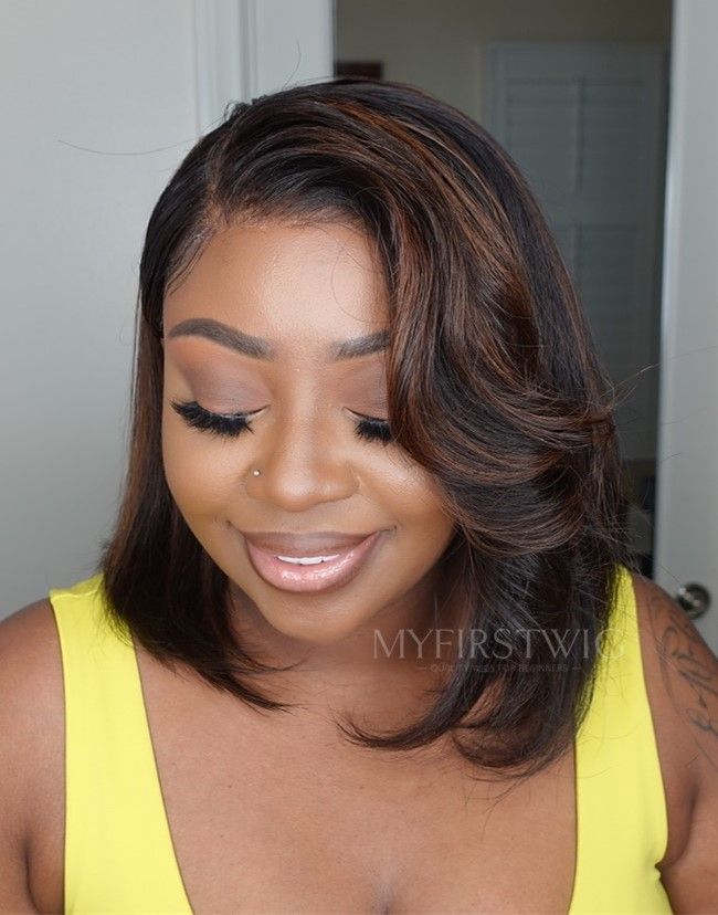 5x5 Closure Wig Highlight Brown Bob Glueless Human Hair 18-24 Inch -CWLFB043