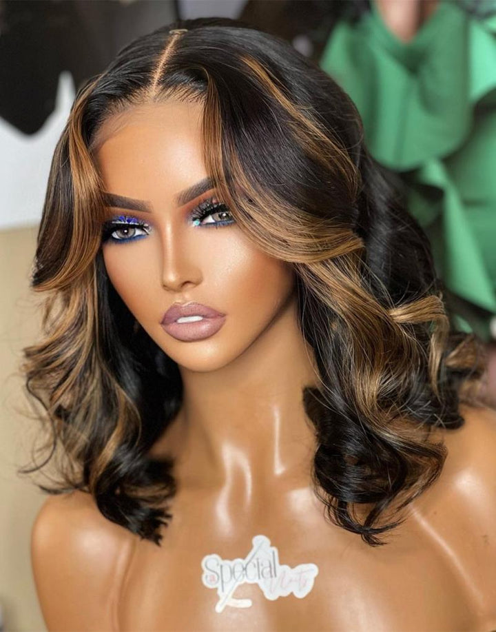 5x5 Closure Wig Highlight Brown Wavy Glueless Human Hair Wig 18-24 Inch -CWSPE041