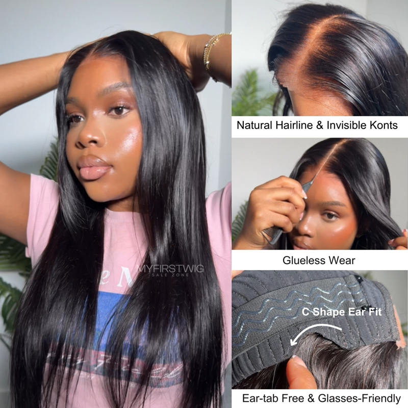 C-Shape Ear Fit 7x5" Wear & Go Glueless Wig 180% Density - Natural Black Straight Wig - PM018
