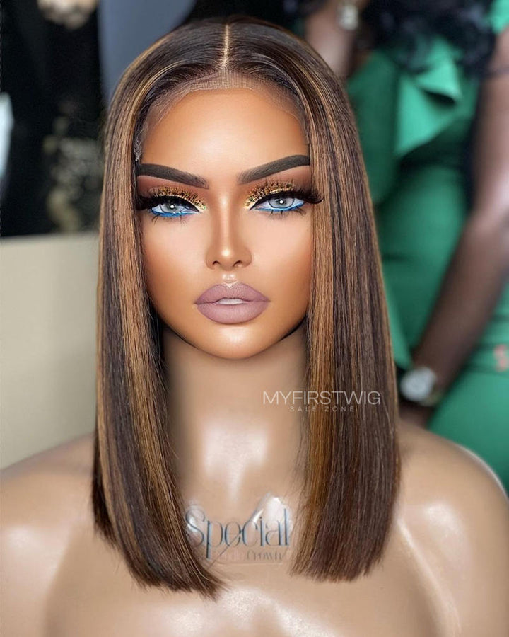 7x5 Freier Scheitel Pre Max Wear &amp; Go kleberlose Perücke - Burgunderrote glatte Bob-Perücke - PM016