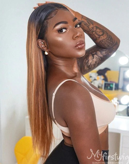 7x5 Freier Scheitel Pre Max Wear &amp; Go kleberlose Perücke - Stufen braun glatte Perücke - PM014