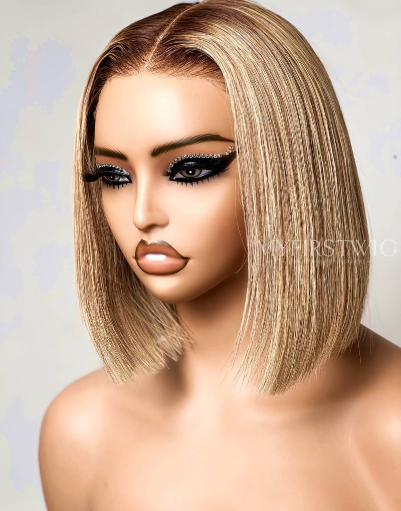 Blonde Bob-Perücke mit stumpfem Schnitt, HD Lace Wear &amp; Go-Perücke ohne Kleber, CLB026