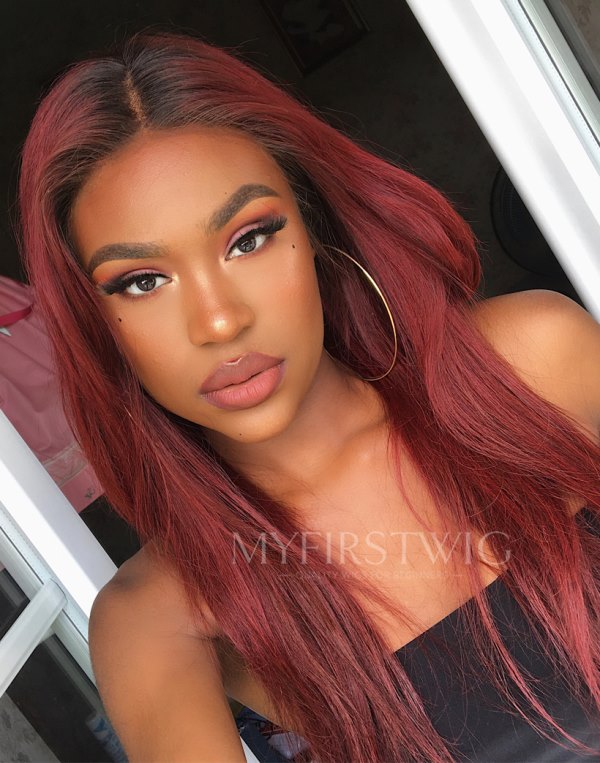 13x6 Burgundy Straight Wig With Layers 14-20 Inch Undetectable Lace Glueless Lace Wig - NCS019
