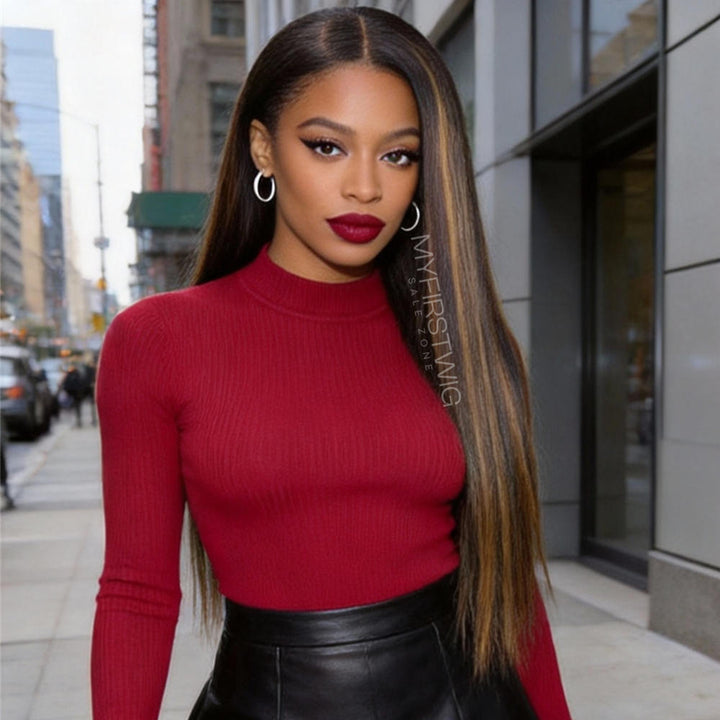 C-Shape Ear Fit 7x5" Wear & Go Glueless Wig 180% Density - Highlight Brown Straight Wig- PM050